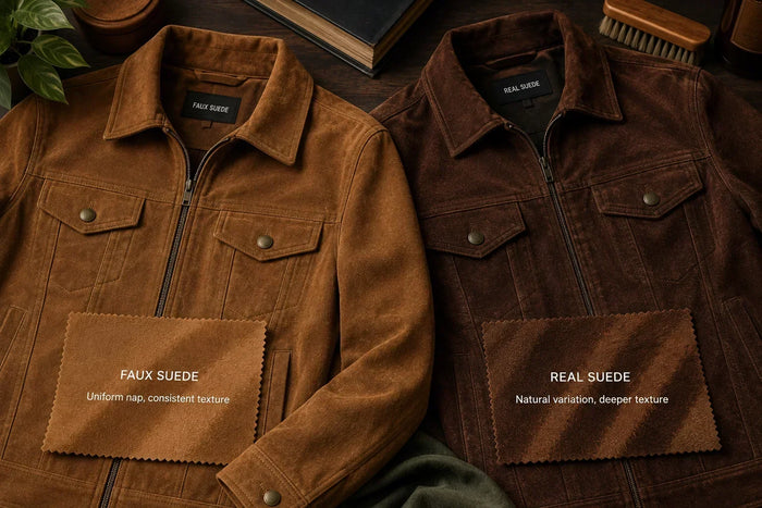 Faux suede and real suede trucker jackets side by side