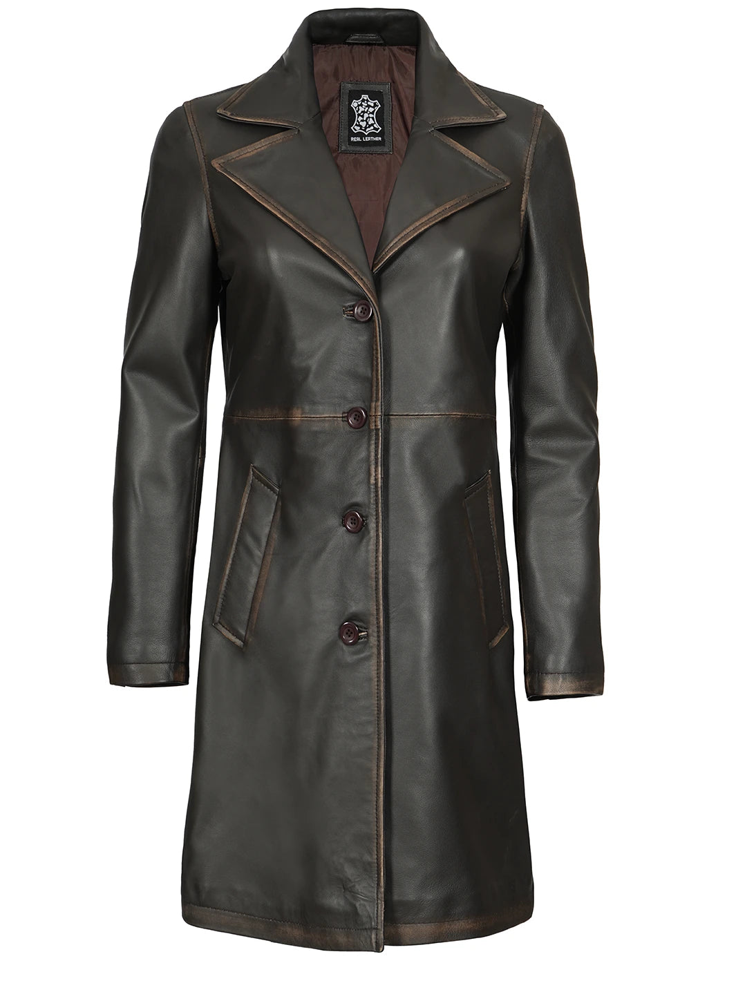 Black leather coat with brown buttons on a white background