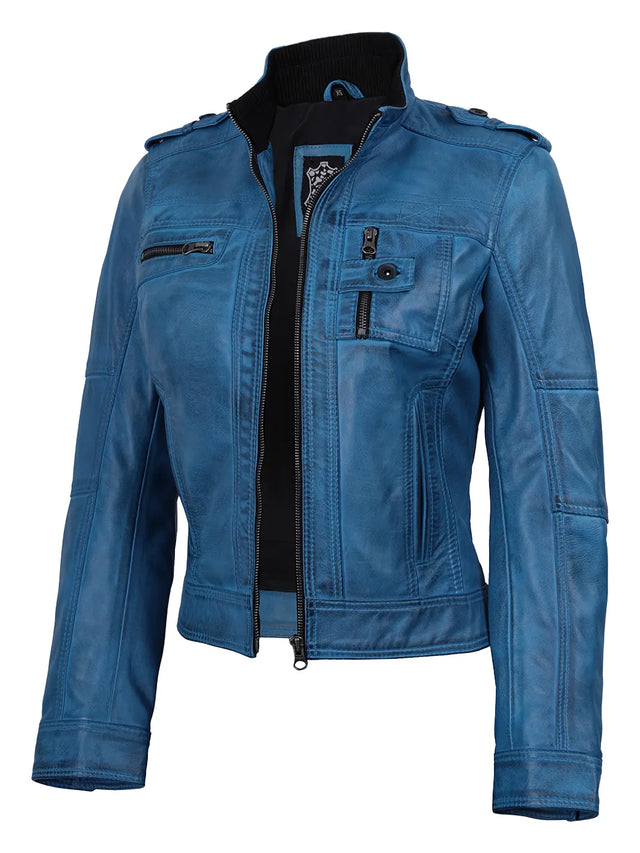 Women's vivid blue biker style leather jacket