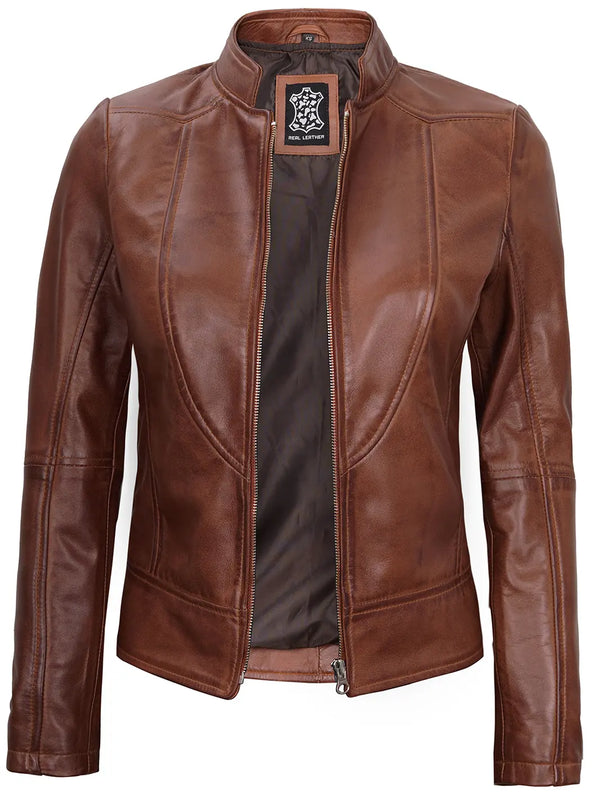 Amy Women Cognac Brown Cafe Racer Leather Jacket