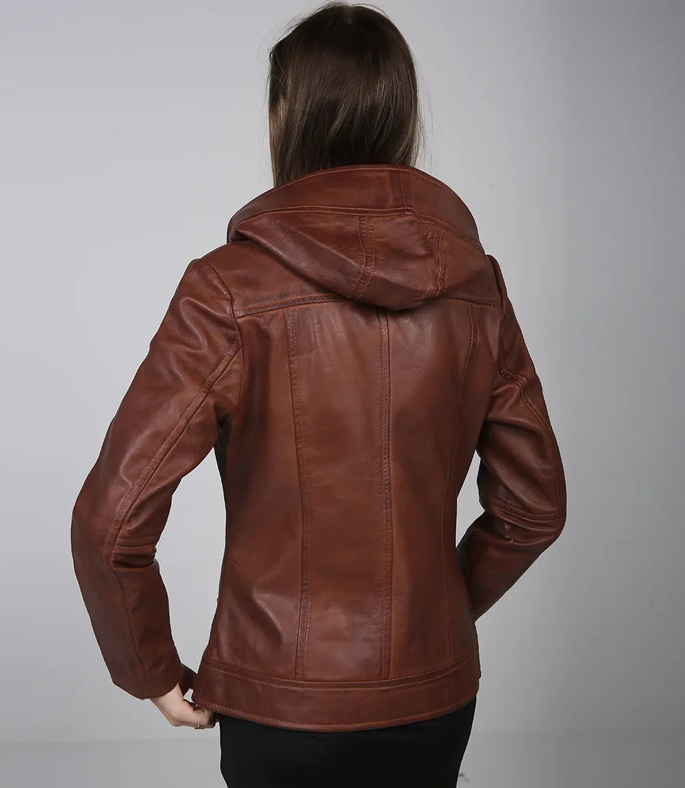 Asymmetrical brown leather jacket for women with hood