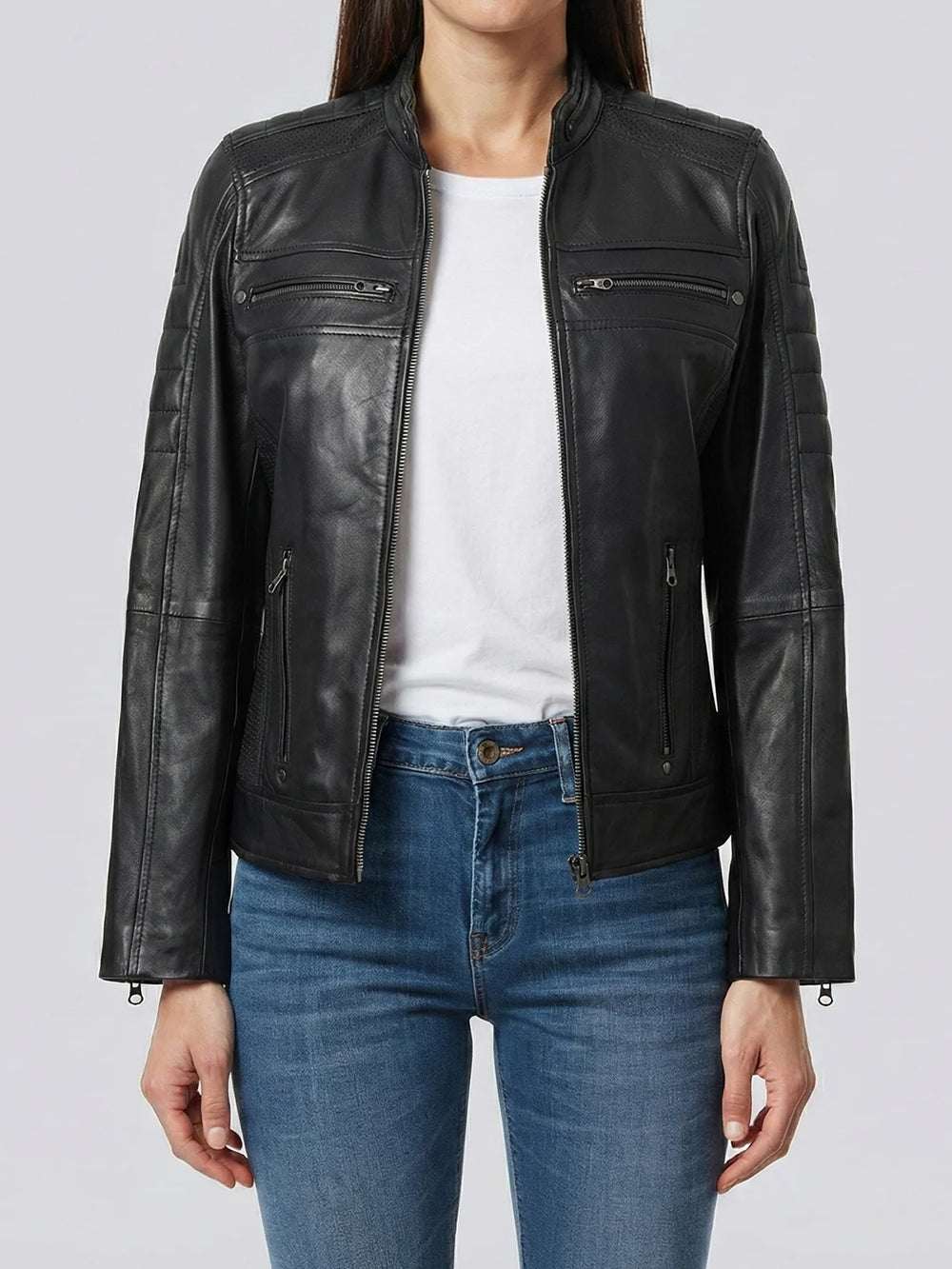 Austin Women's Black Cafe Racer Style Leather Jacket