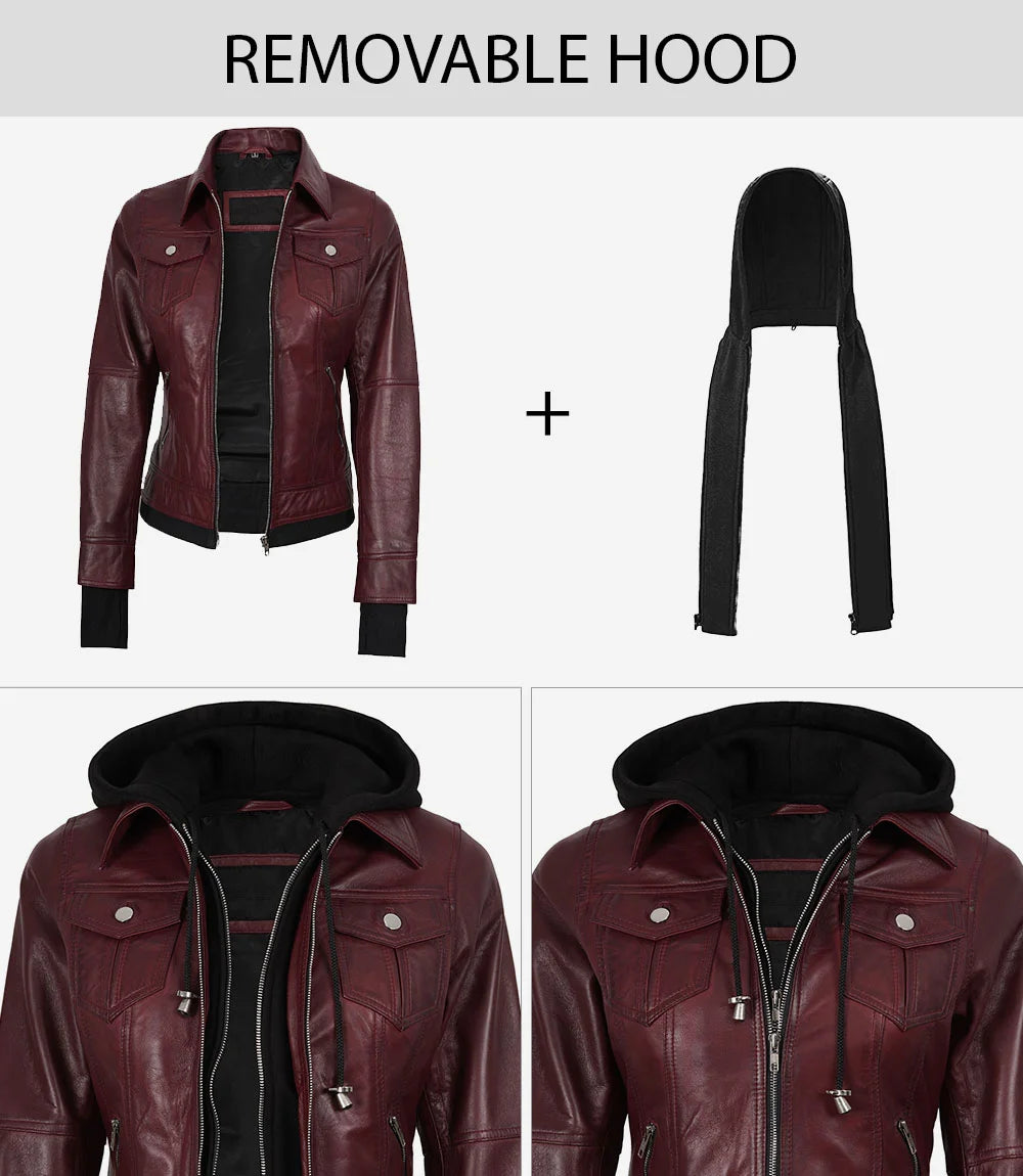 Betty Womens Maroon Removable Hood Jacket Features