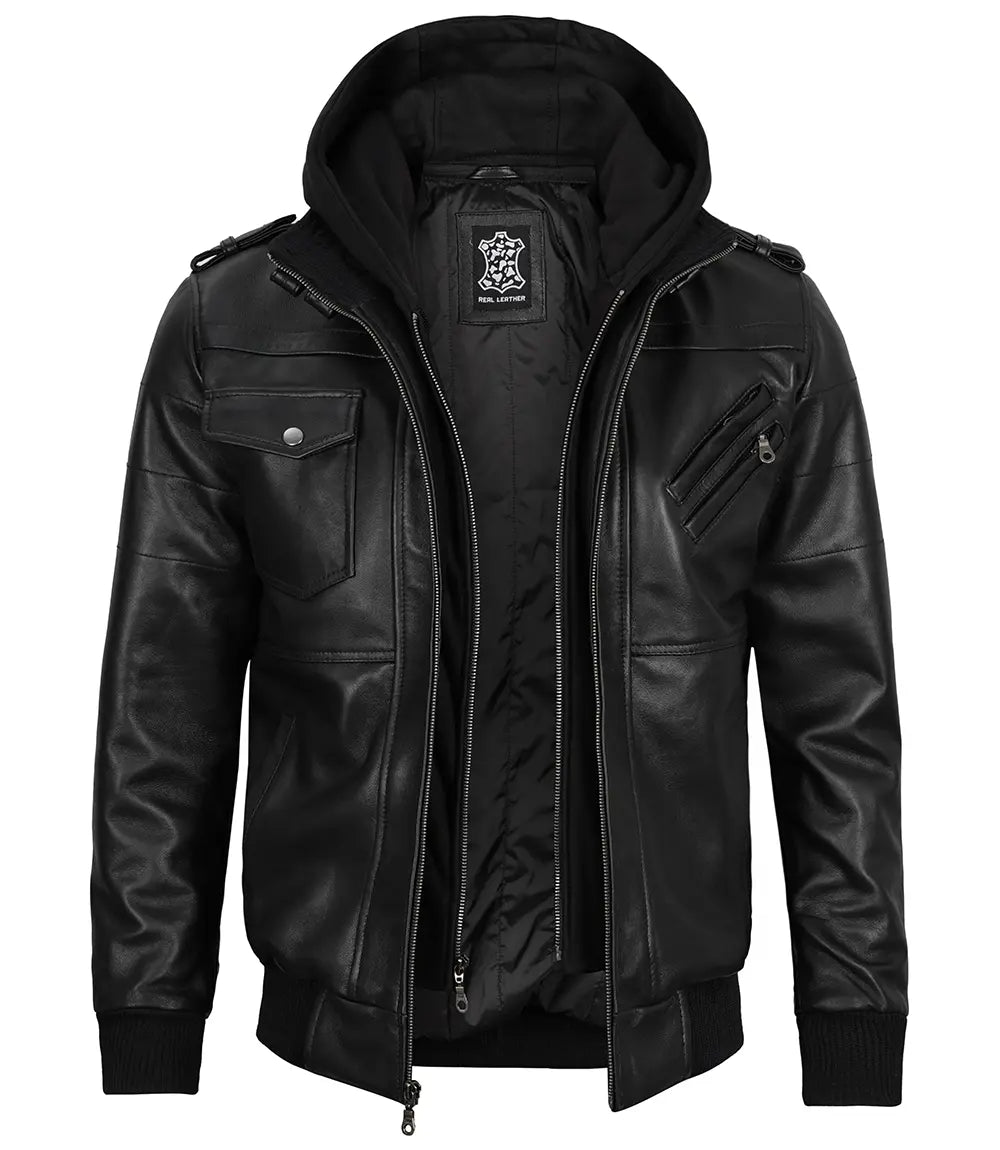 Black Bomber Jacket with Removable Hood for Men