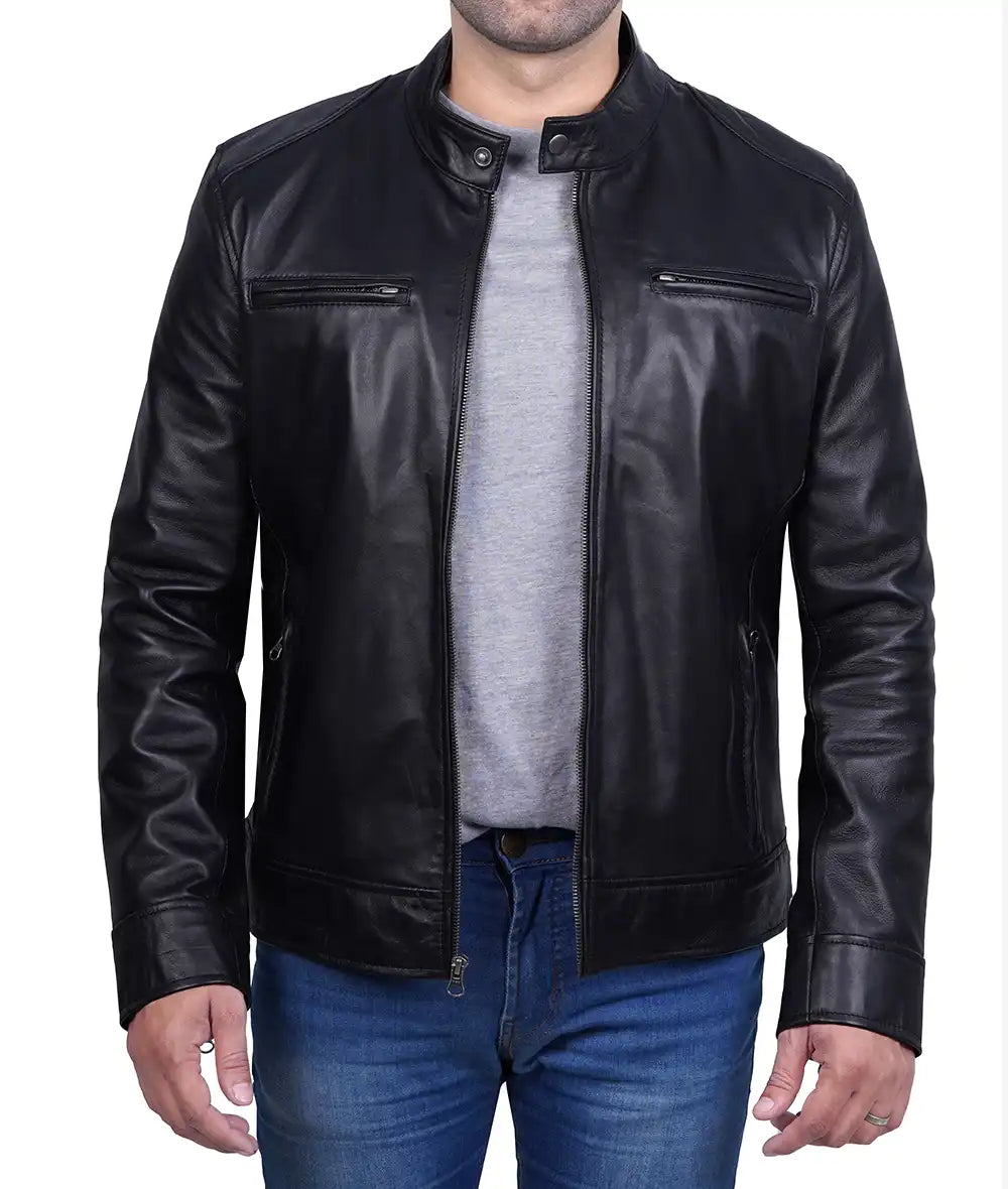 Black Cafe Racer Leather Biker Jacket for Men