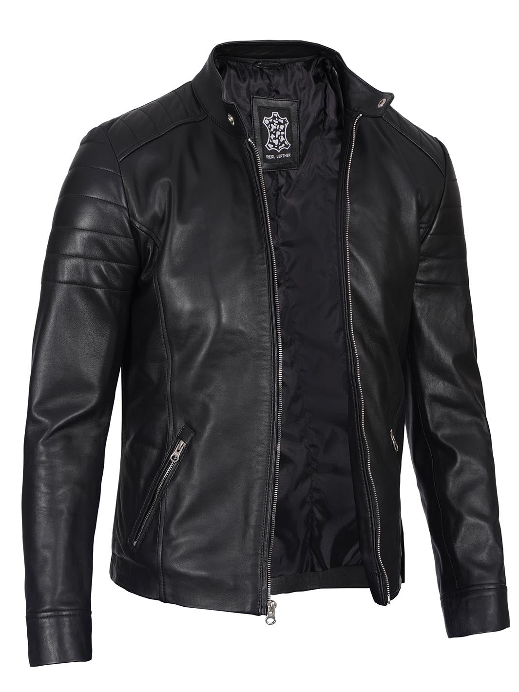 Black Cafe Racer Leather Jacket for Mens