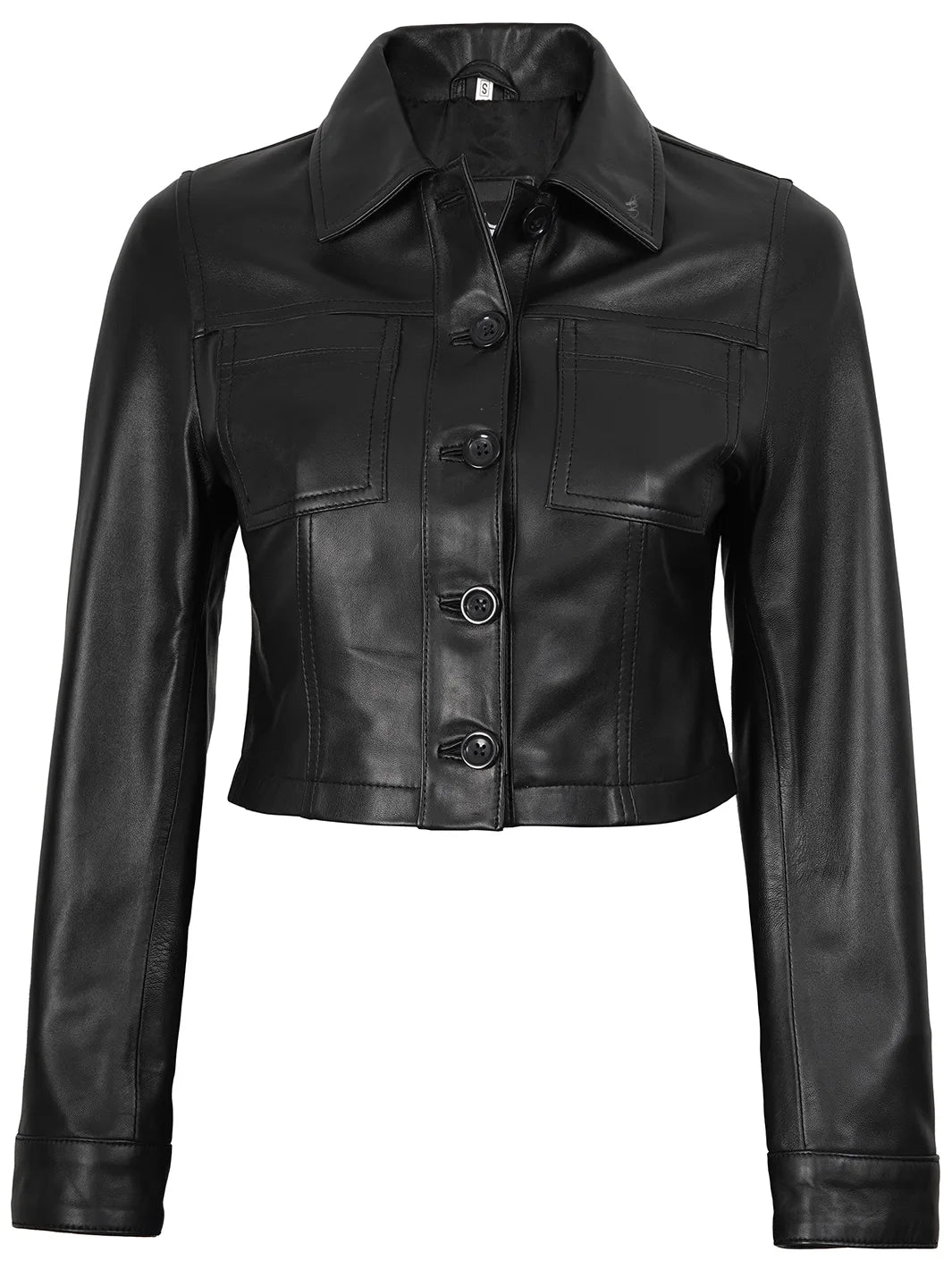 Womens Black Cropped Leather Jacket Shirt Collar