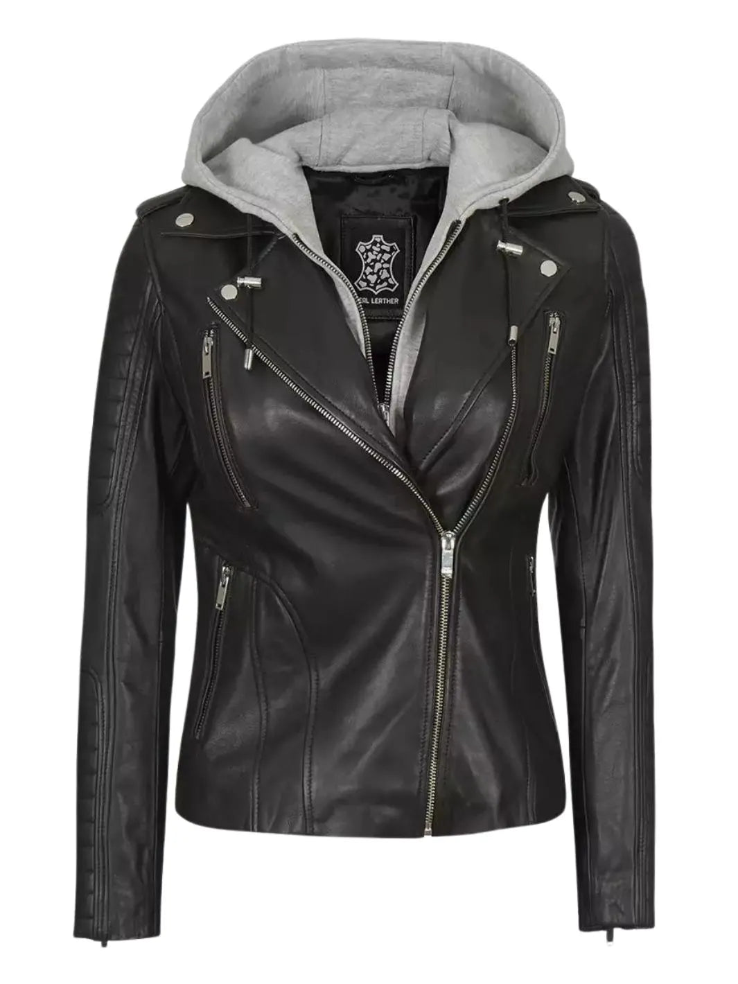 Black Leather Biker Jacket With Removable Hood for Women