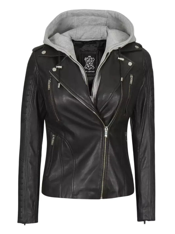 Black Leather Biker Jacket With Removable Hood for Women