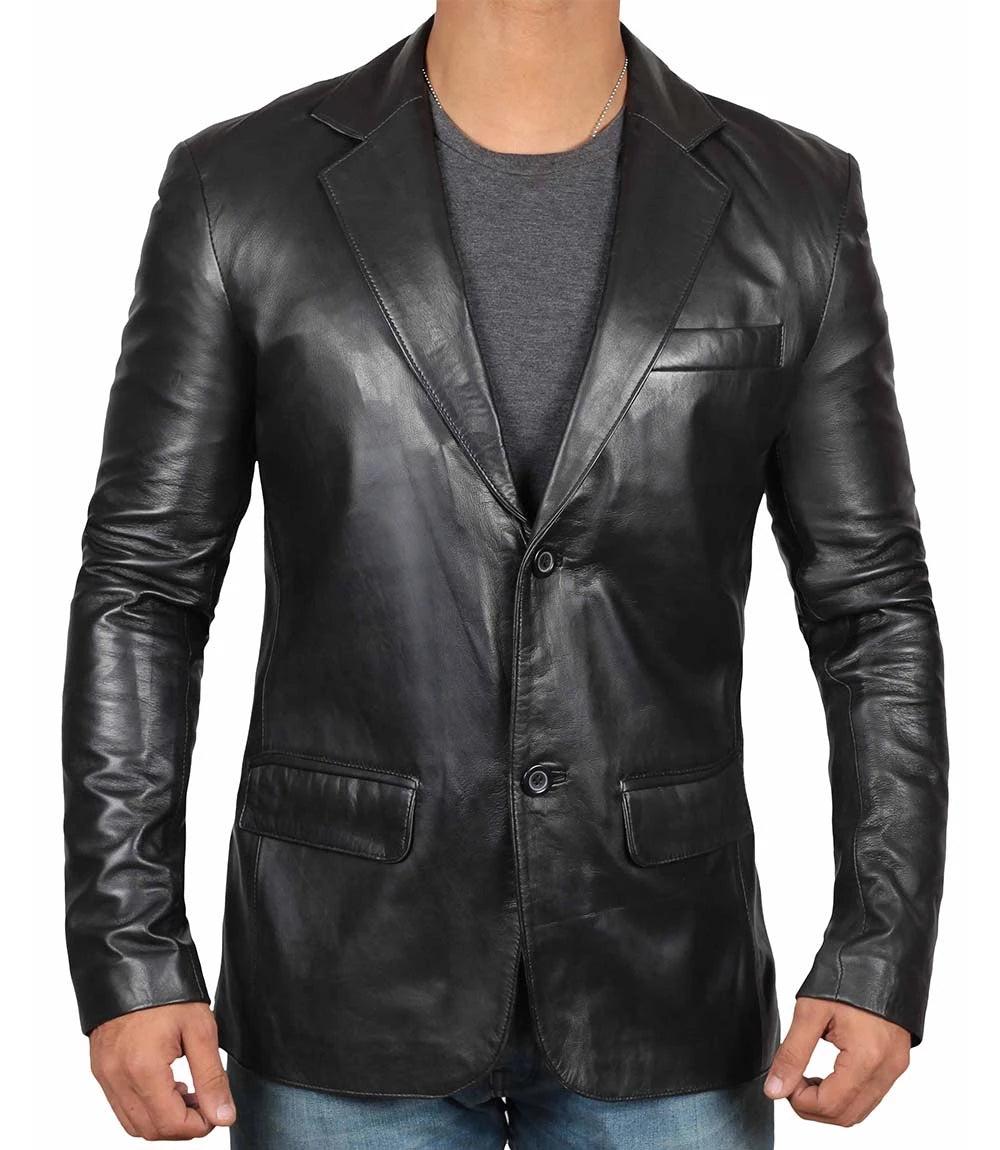 Black Real Leather Blazer for Men