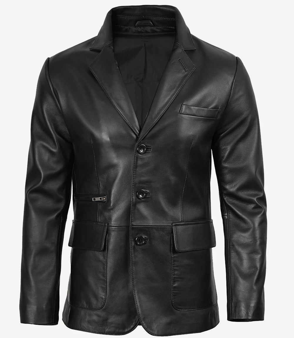 Black Three Button Real Mens Leather Blazer