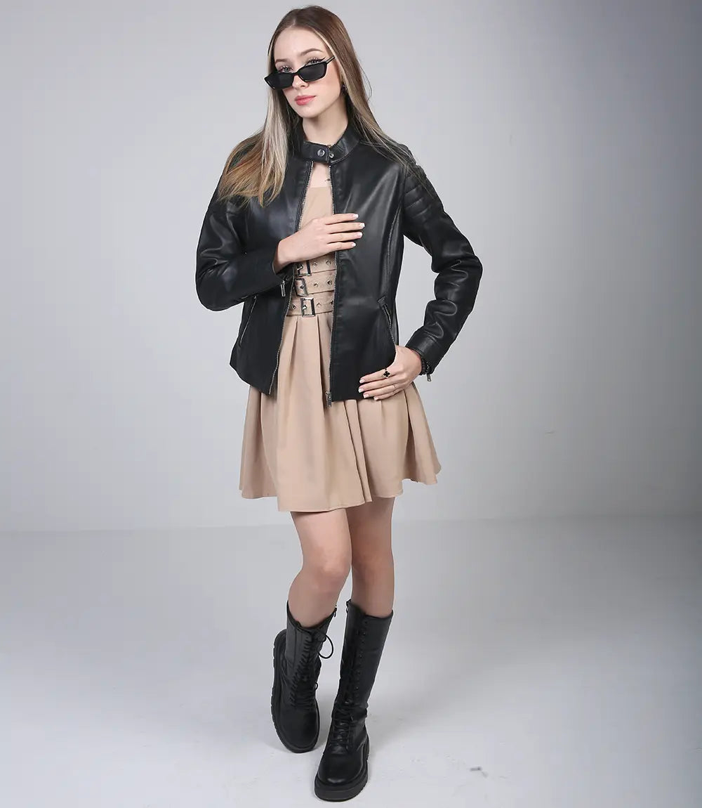 Black cafe racer moto jackets for women