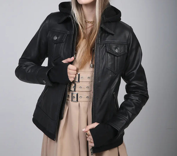 Black leather biker jacket with hood for women