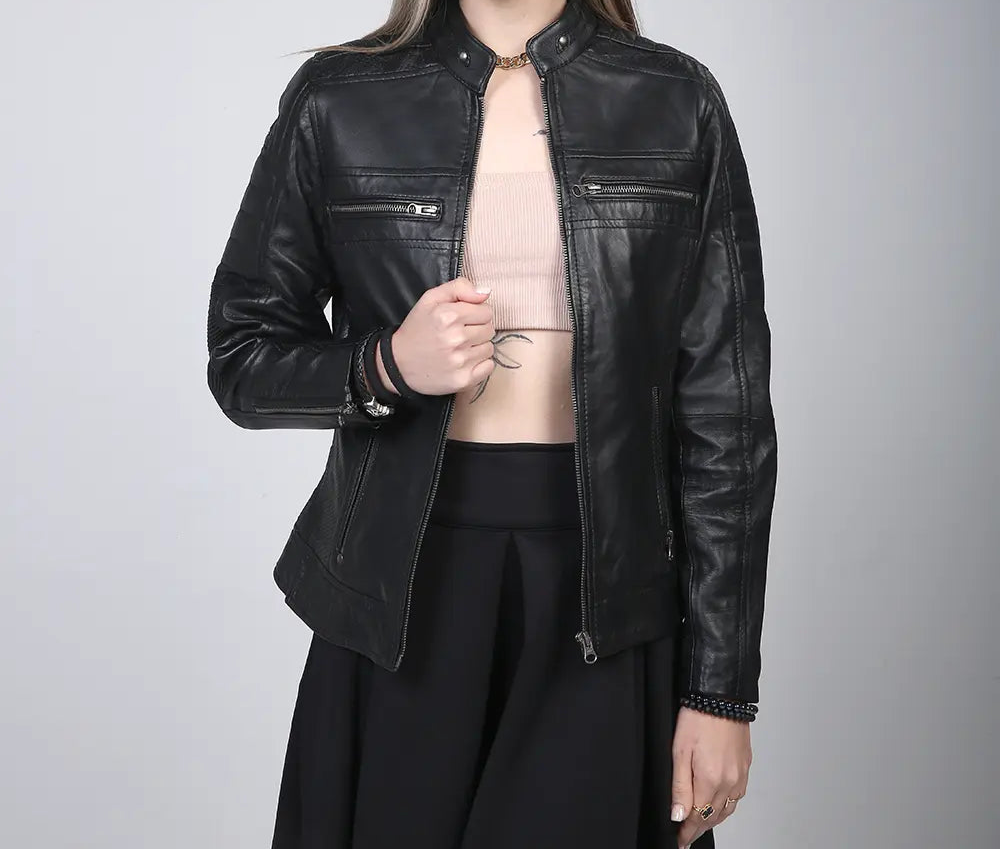 Black leather cafe racer jacket for women