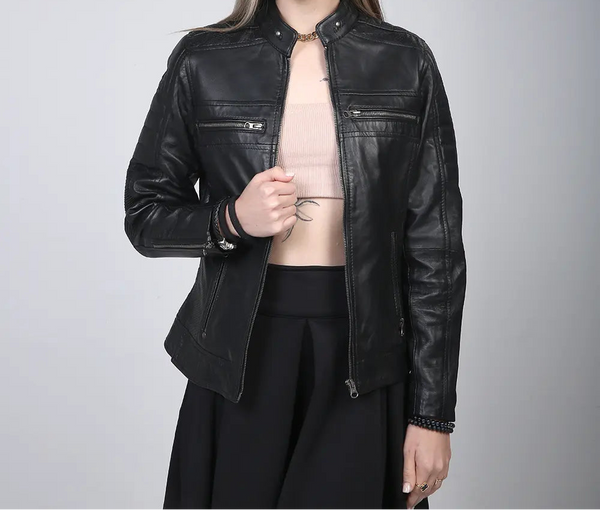 Black leather cafe racer jacket for women