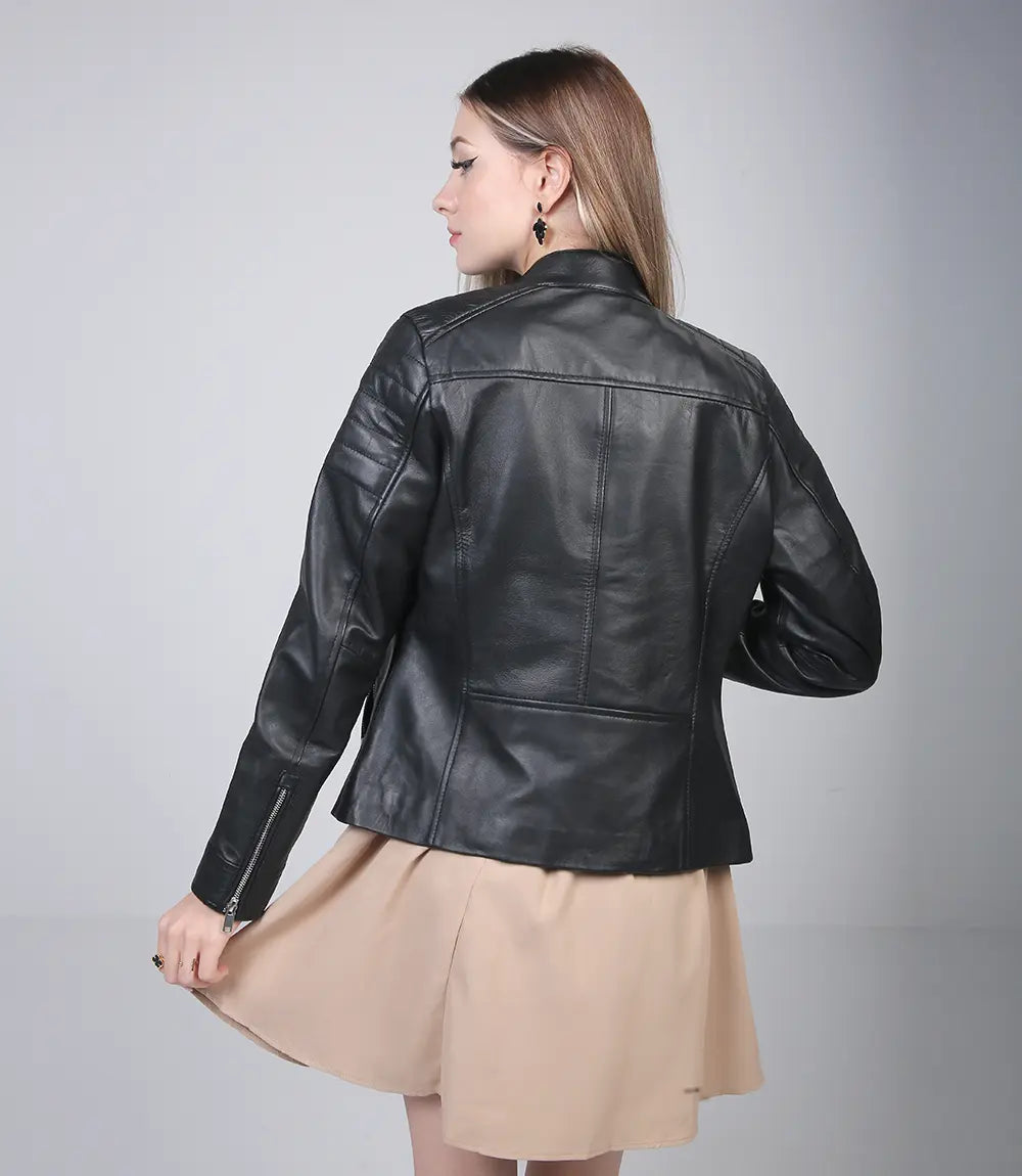 Black leather cafe racer jackets for women