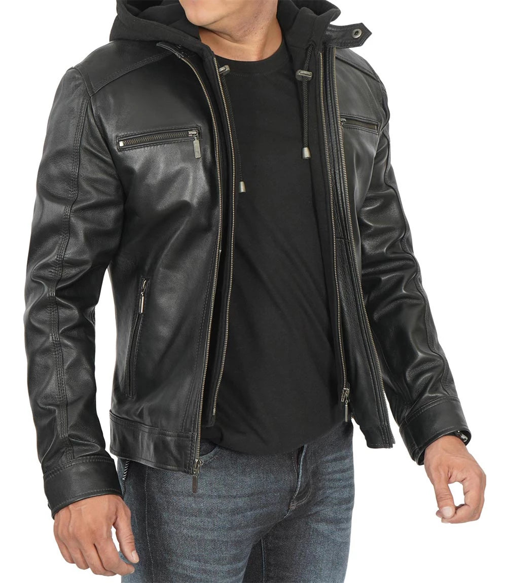 Black mens real lambskin leather jacket with hood