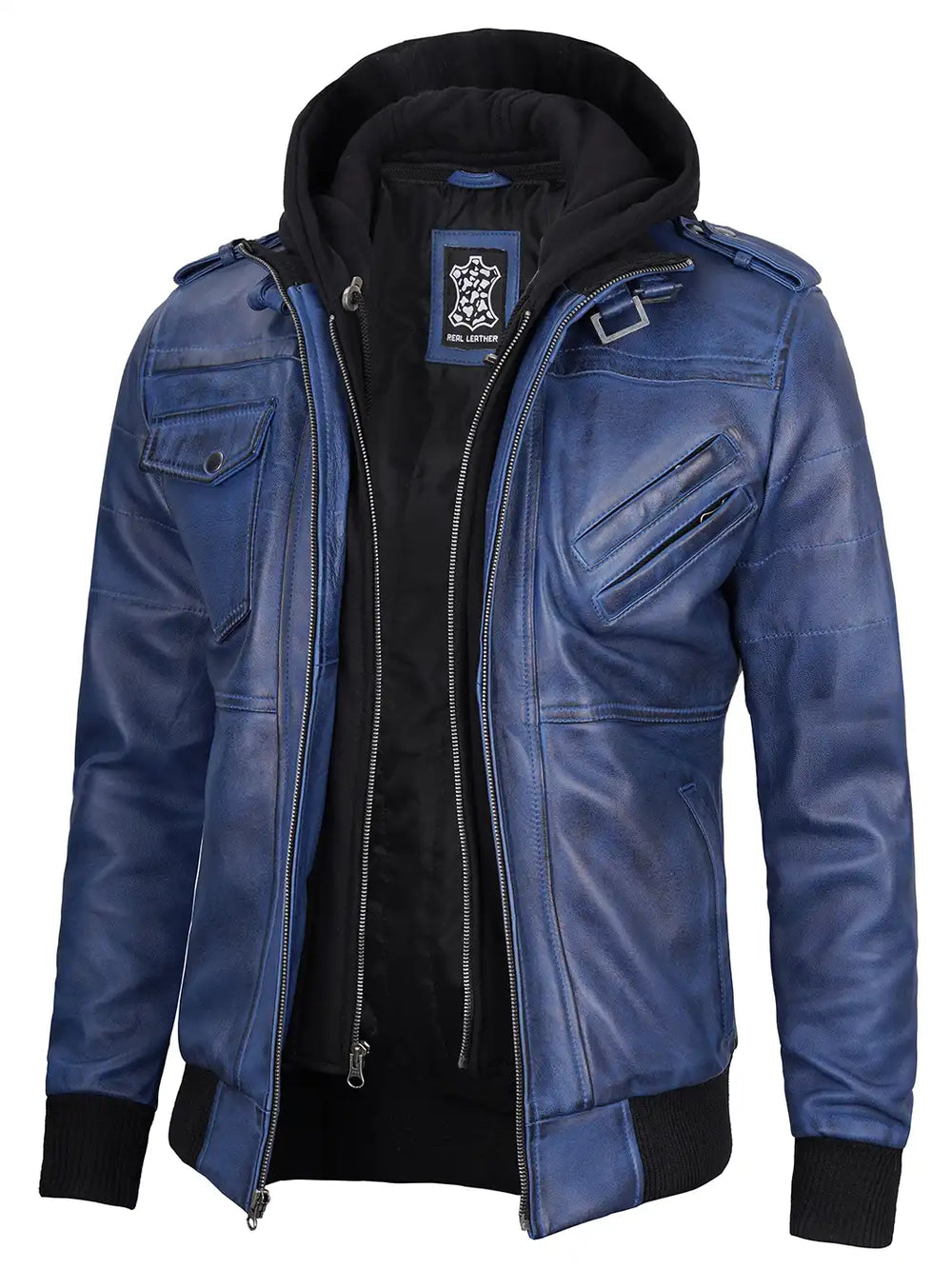 Blue hooded leather jacket