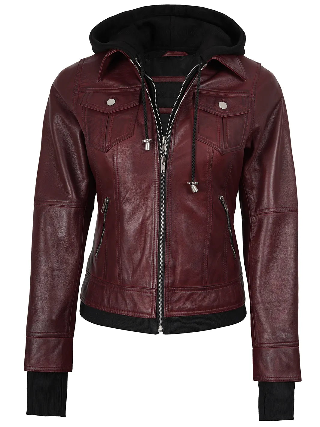 Bomber Womens Maroon Hooded Leather Jacket
