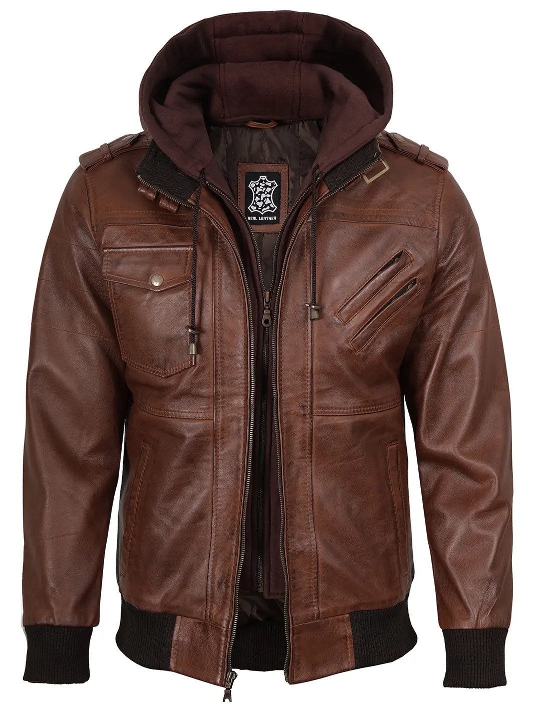 Brown Bomber Leather Jacket Mens With Removable Hood