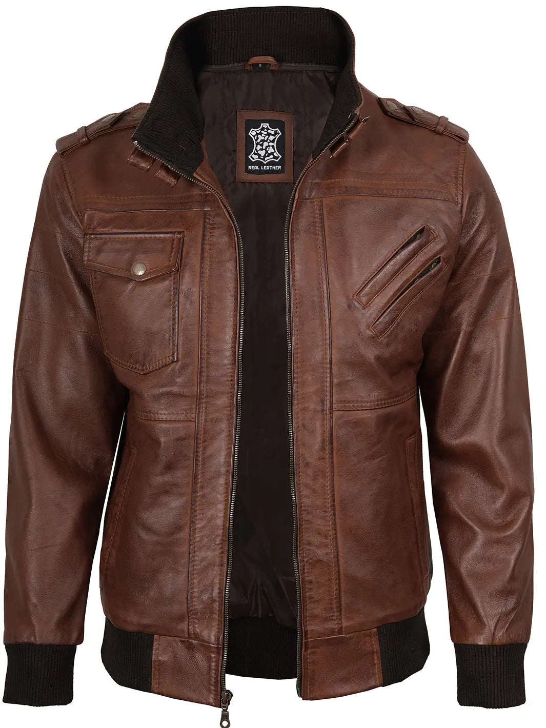 Brown Bomber Leather Jacket With Removable Hood Mens