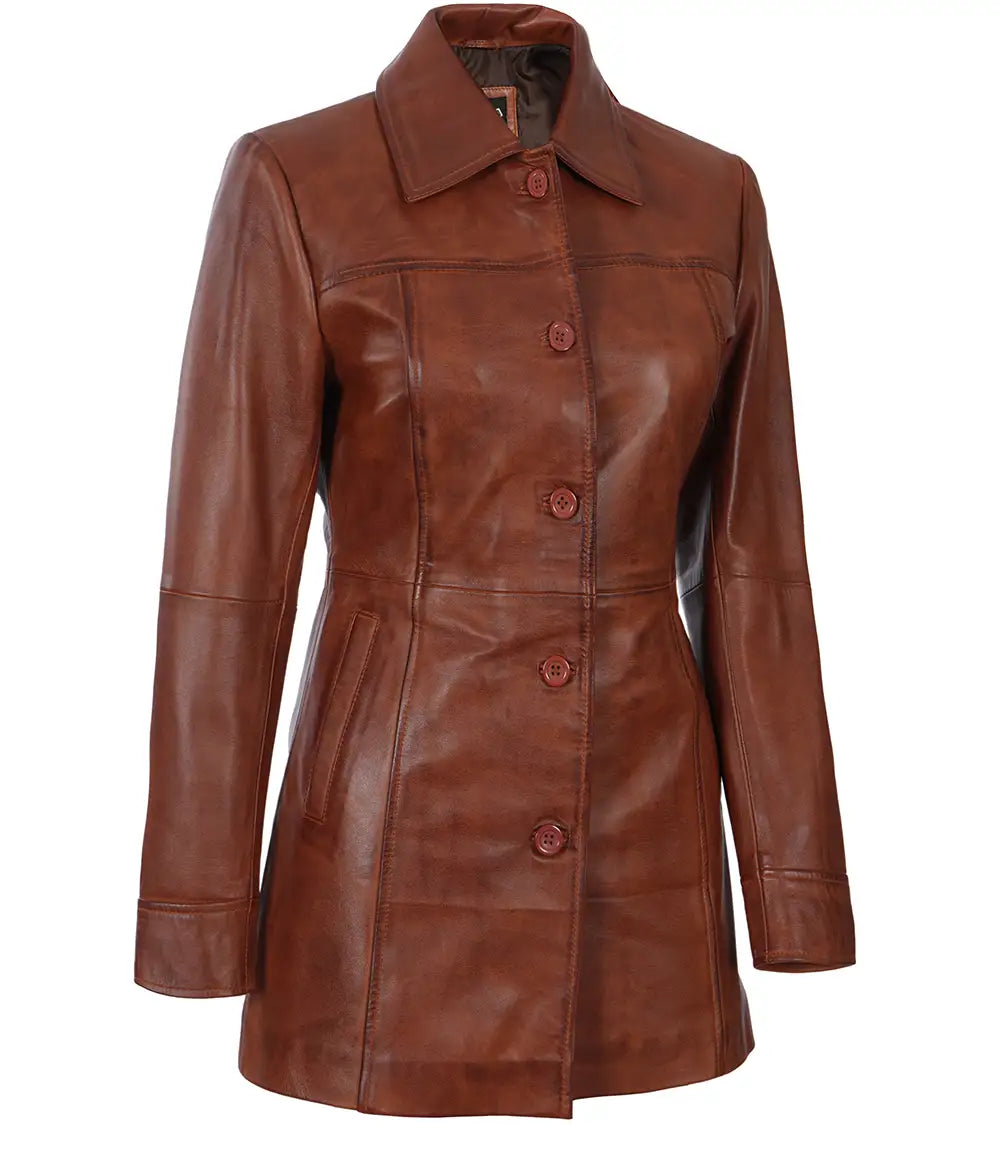 Brown Cognac Leather Car Coat for Women