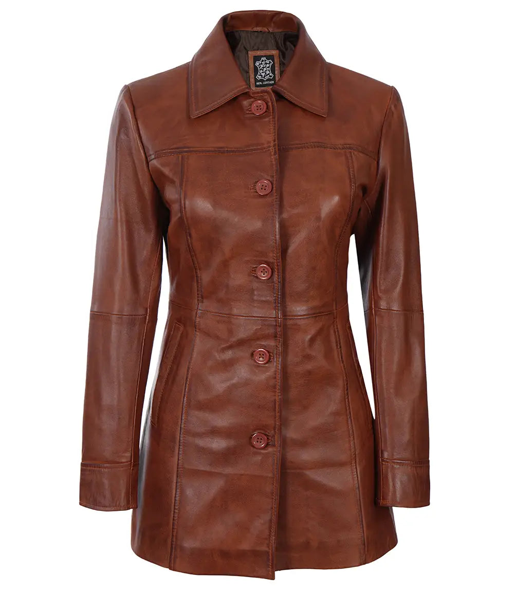 Brown Cognac Leather Car Coat for Womens