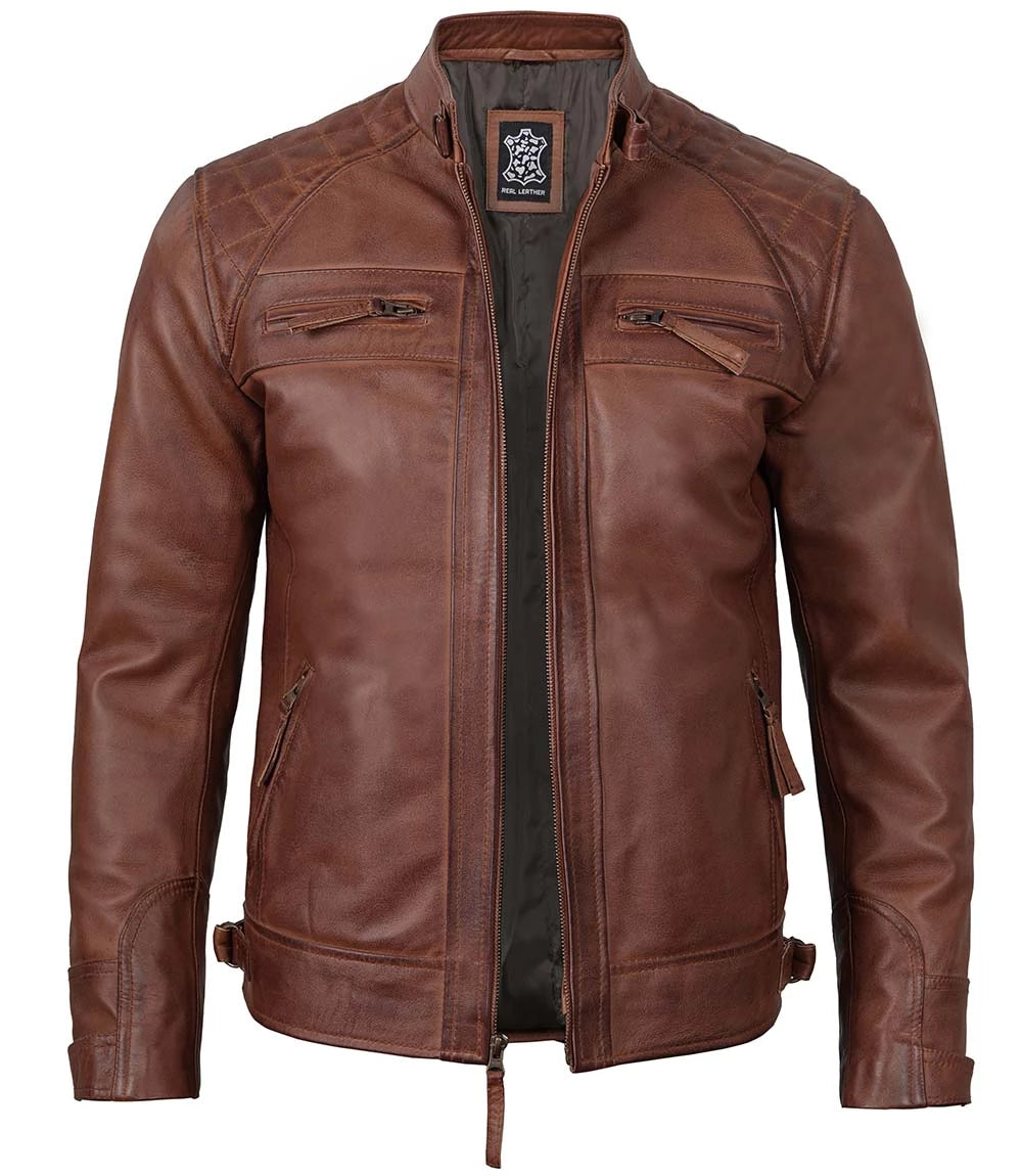 Brown Quilted Cafe Racer Leather Jacket