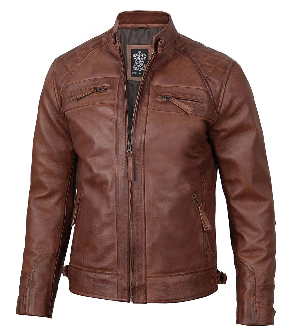 Brown Quilted Cafe Racer Leather Jacket for Men
