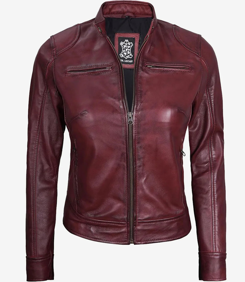 Burgundy Womens Cafe Racer Leather Jacket