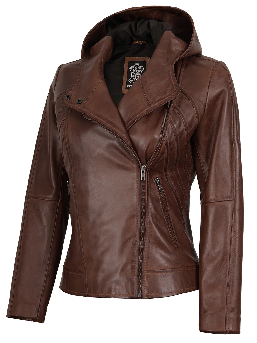 Women Asymmetrical Brown Hooded Leather Jacket
