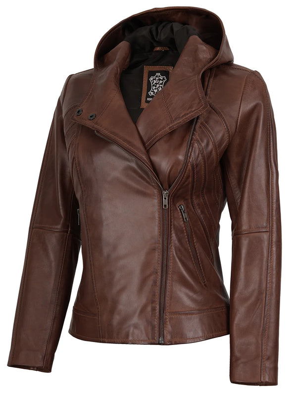 Women Asymmetrical Brown Hooded Leather Jacket