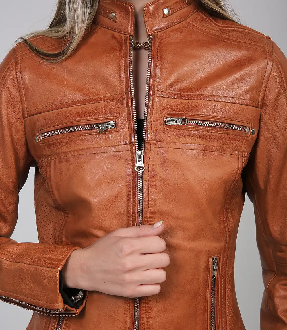 Classic tan motorcycle jacket in genuine leather for women