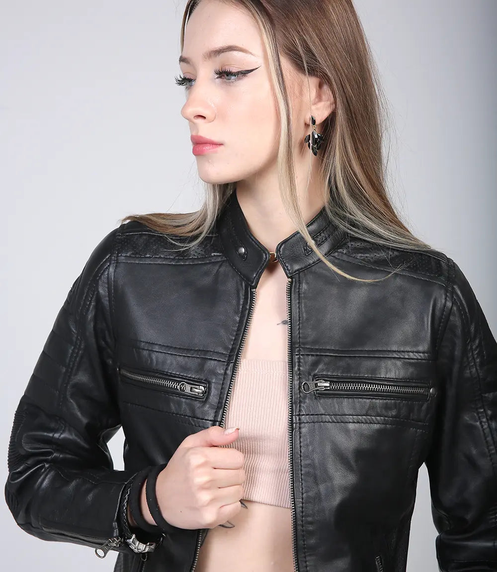 Classic women's black leather jacket in cafe racer style