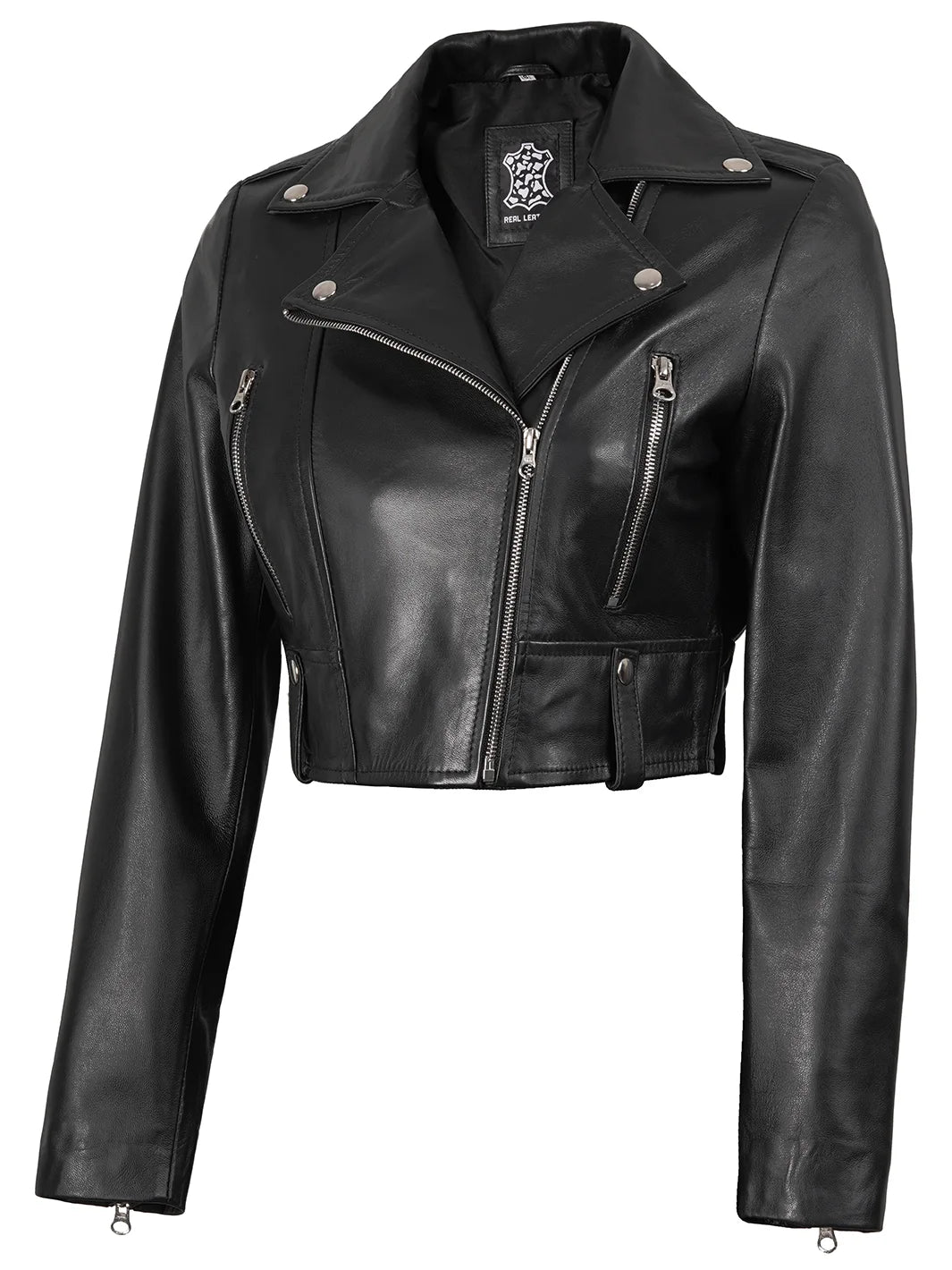 Colleen Womens Black Biker Cropped Leather Jacket