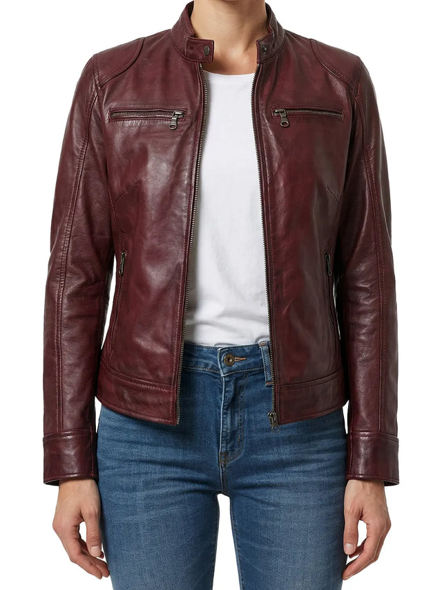 Women's burgundy cafe racer style leather jacket