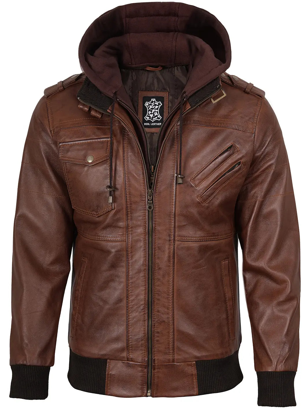 Edinburgh Brown Bomber Leather Jacket Hooded