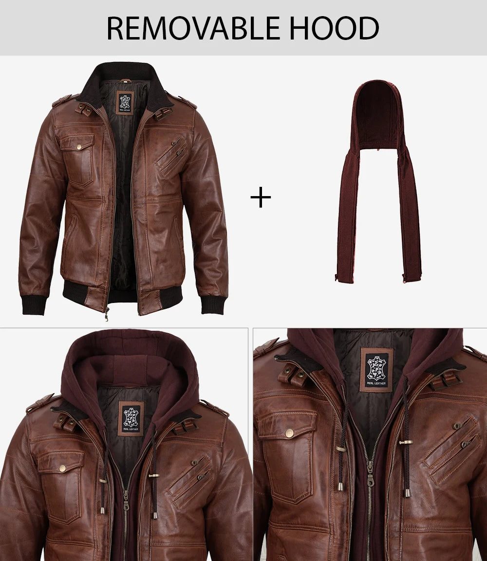 Edinburgh Brown Bomber Leather Jacket With Removable Hood Features