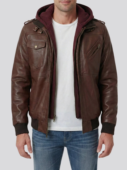 Brown leather jacket with a hood worn by a person on a white background