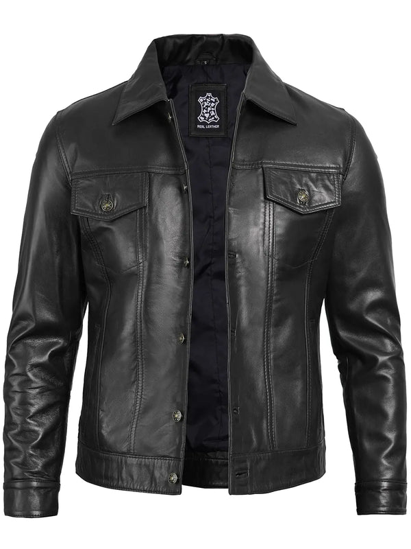 Fernando Mens Black Leather Trucker Jacket