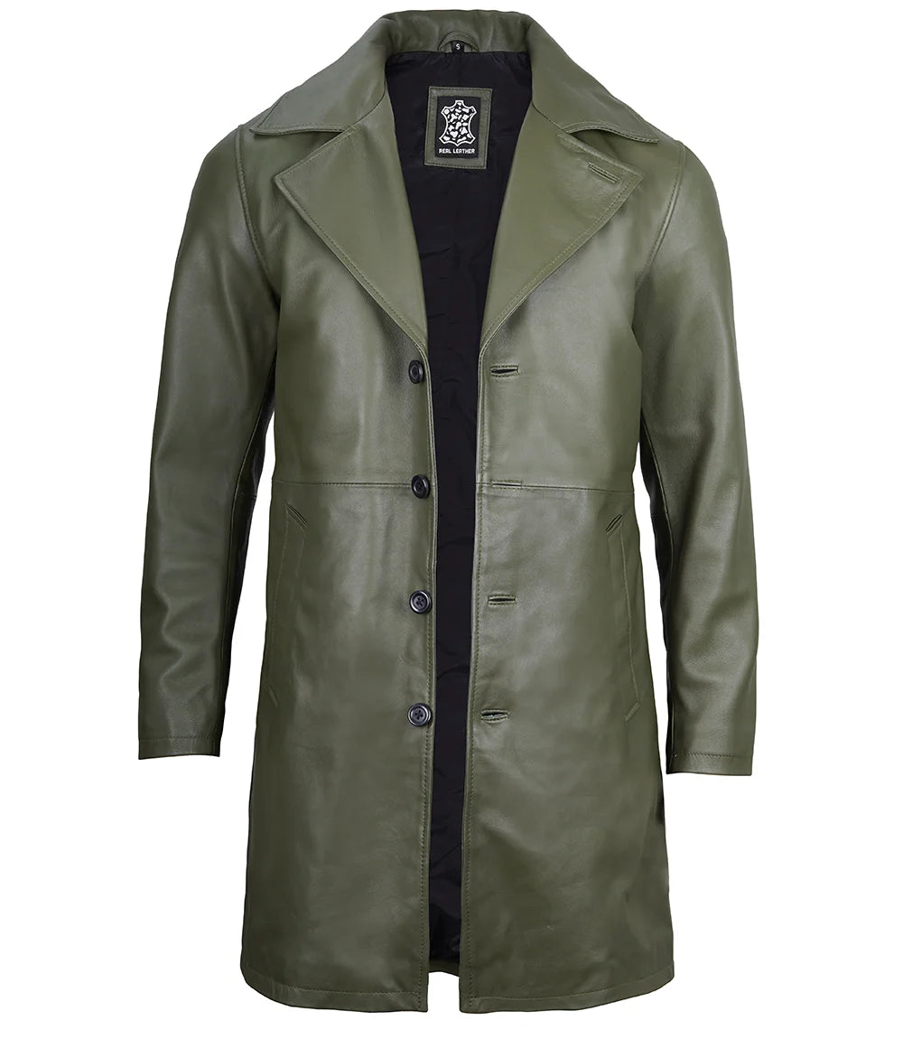 Green mens leather car coat