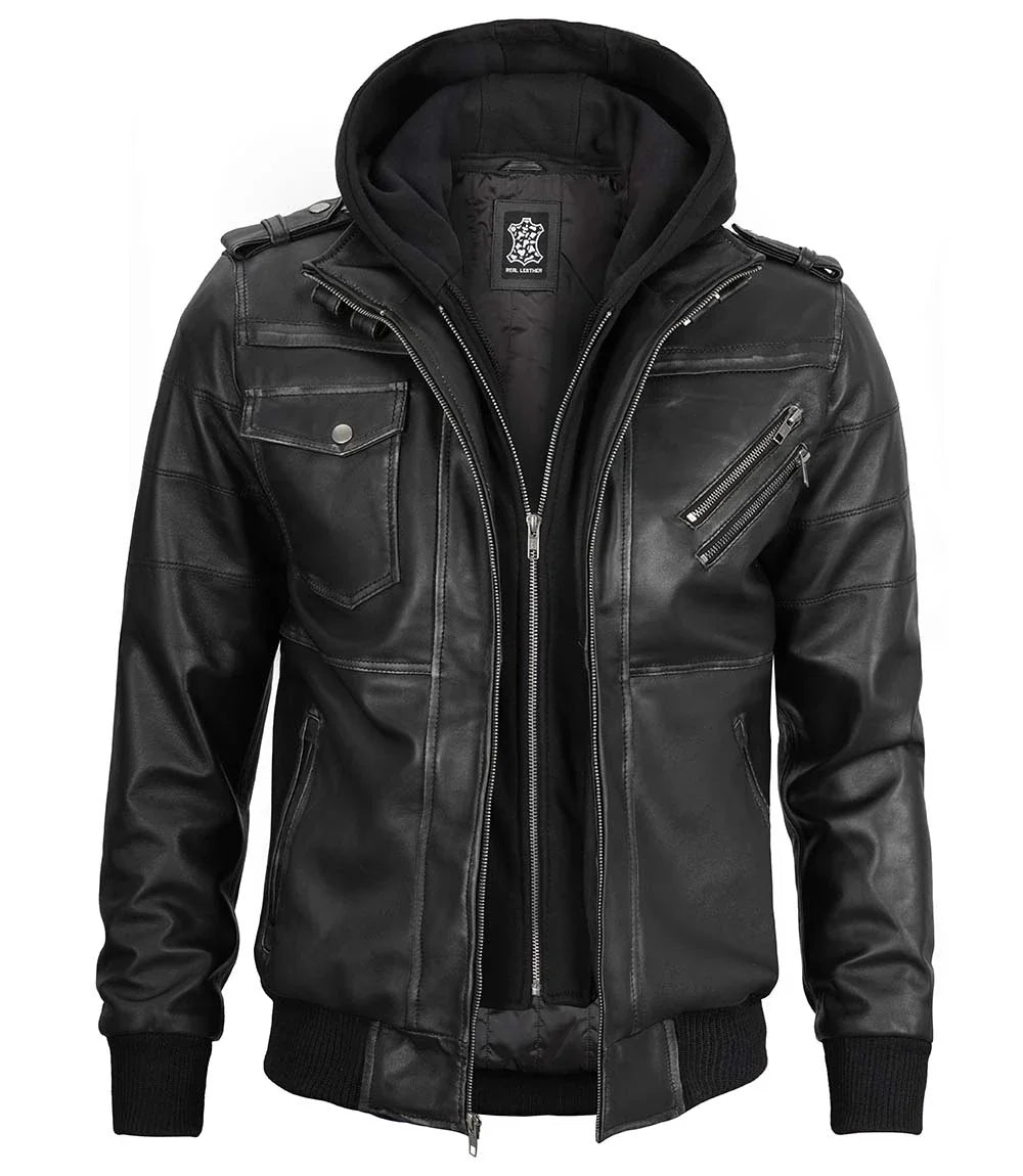 Grey Mens Leather Bomber Jacket with Hood