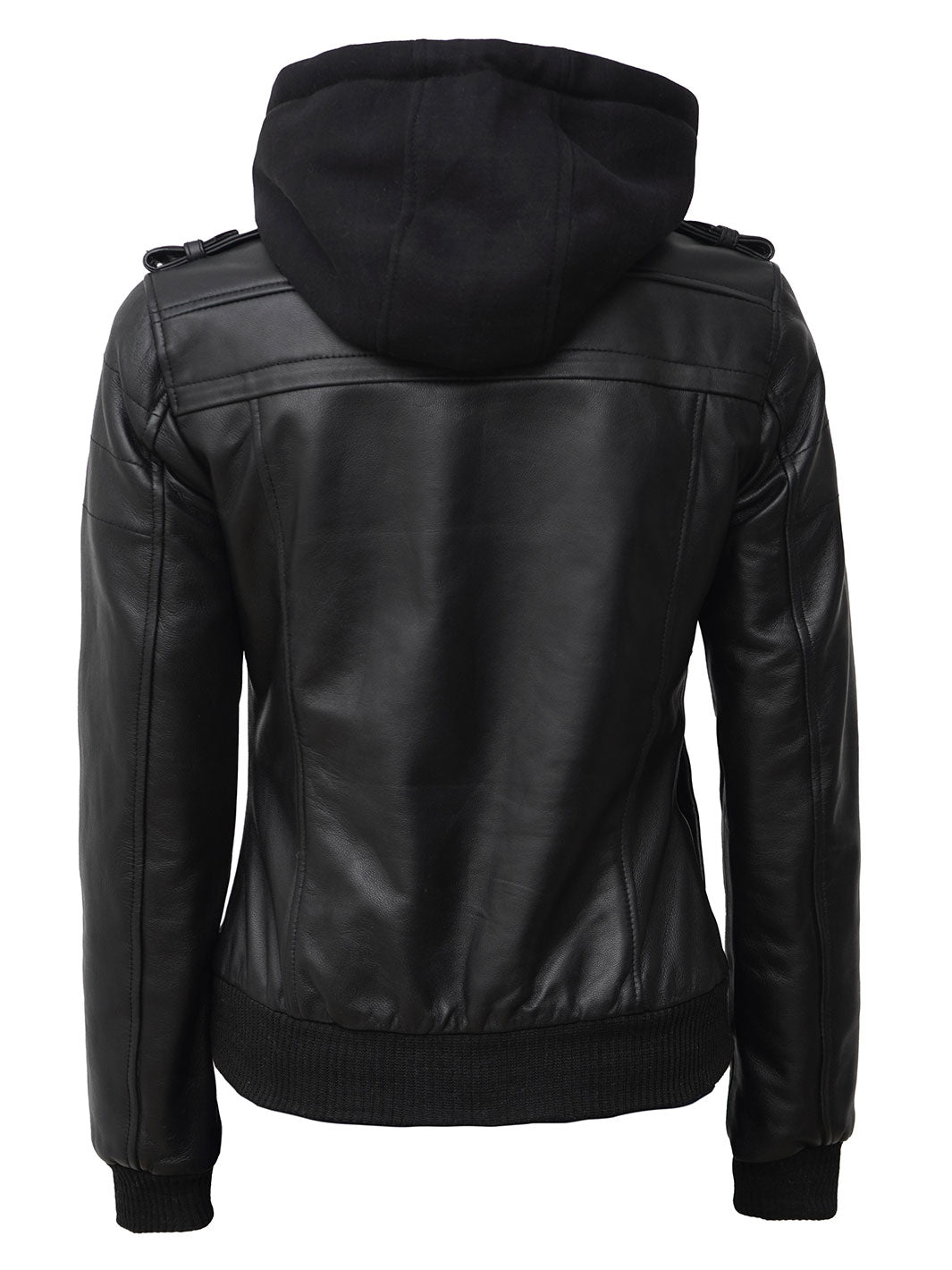 Leather bomber jacket with hood