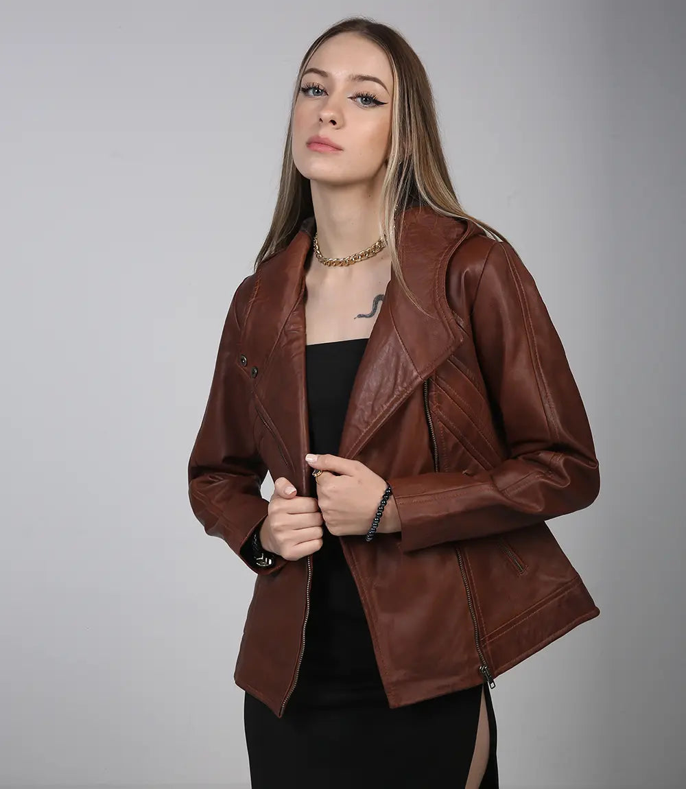 Hooded brown leather jacket for women with unique asymmetrical style