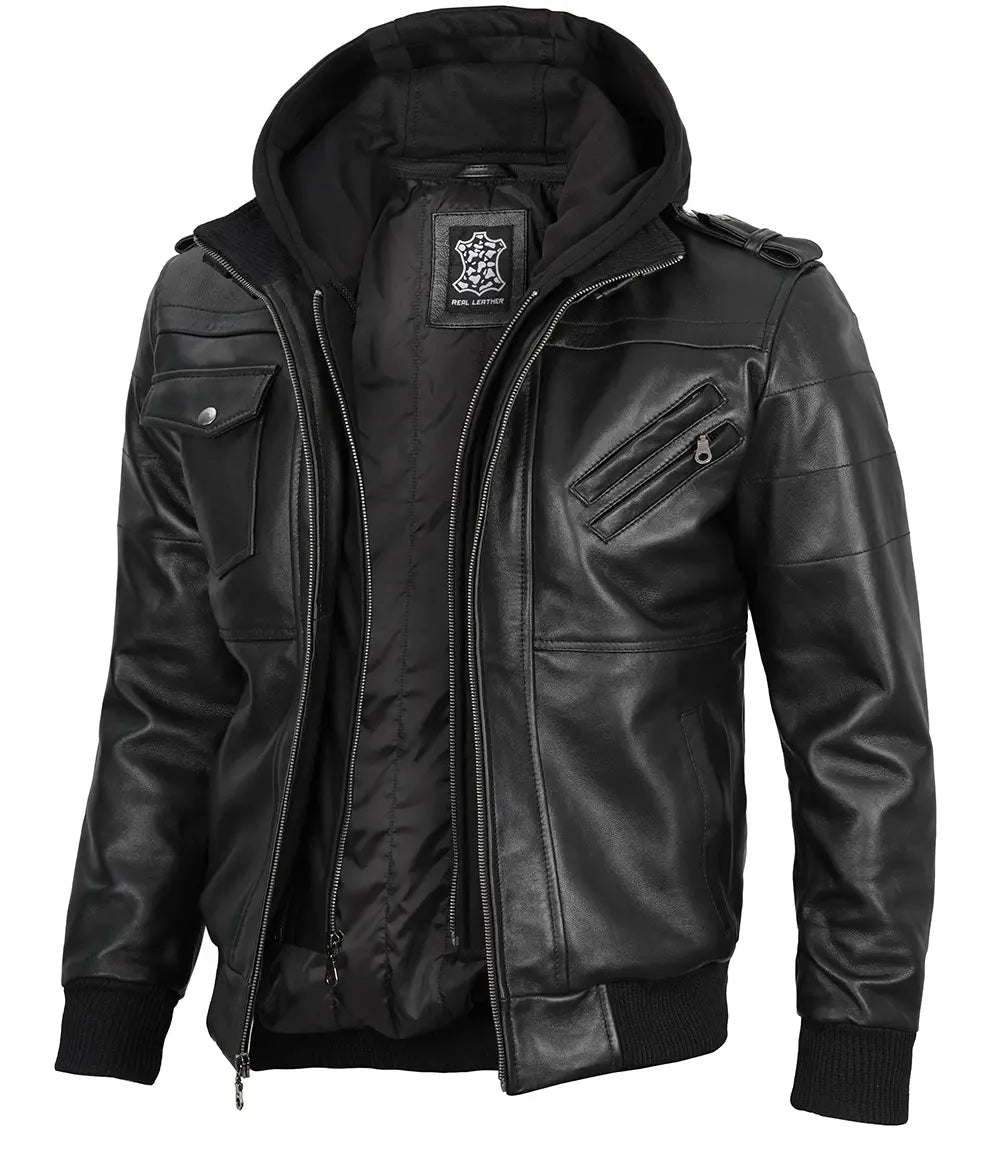 Hooded mens leather jacket