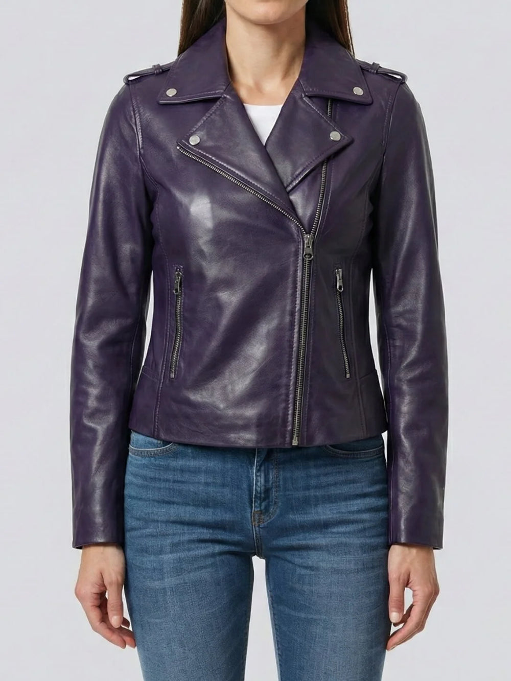 Purple leather jacket worn by a person on a light gray background