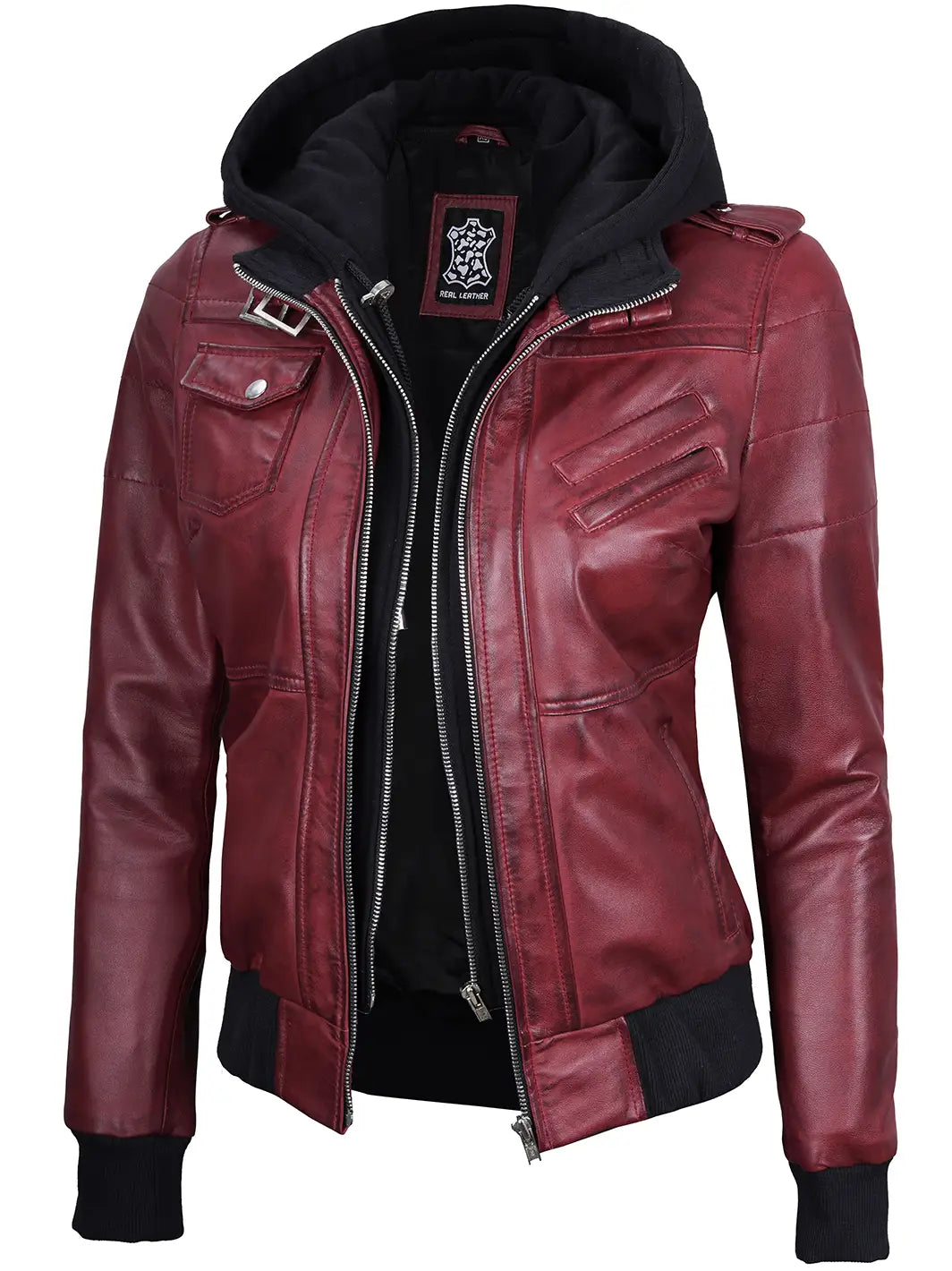 Maroon leather bomber jacket