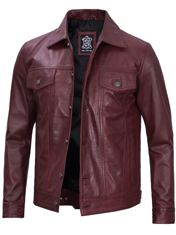 Maroon trucker leather jacket