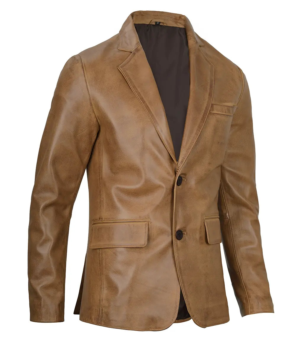 Men left side pose right side pose Mens Camel Brown Real Leather Two Button Blazer