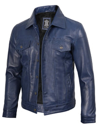 Men's Blue Real Leather Trucker Jacket